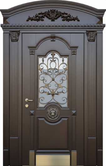 Парадная стальная термодверь с ковкой, отбойником, стеклом, скрытыми петлями и капителями (МДФ с резьбой)
